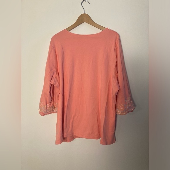 Quacker Factory 3X Shirt Top Peach Embellished Floral Embroidered 3/4 Sleeve - Picture 3 of 8